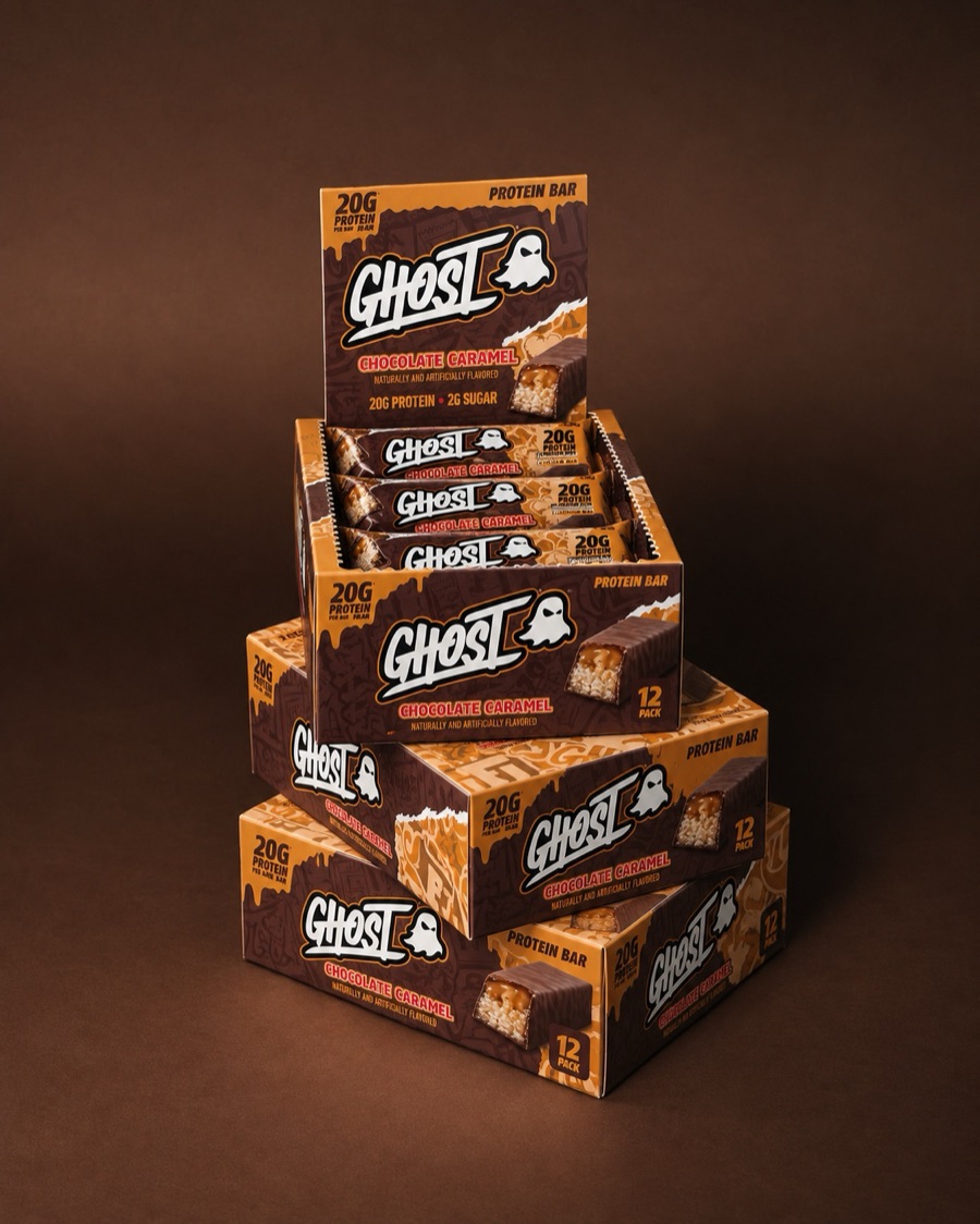 Cajas de GHOST Protein Bar sabor Chocolate Caramel