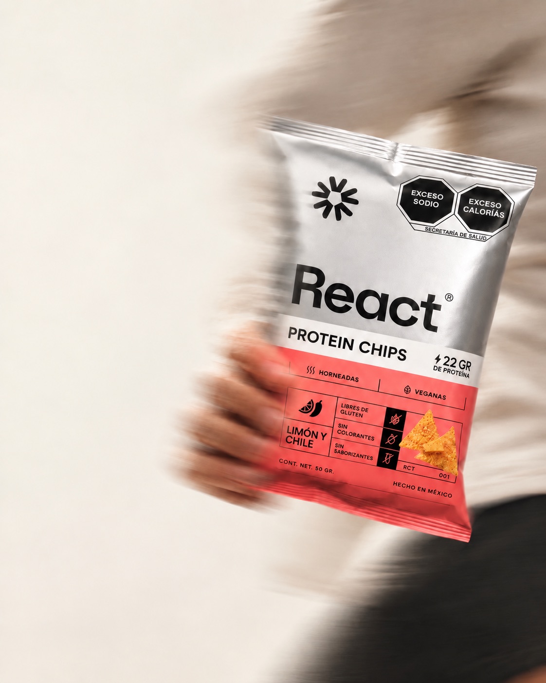 Empaque de REACT Protein Chips Limón y Chile