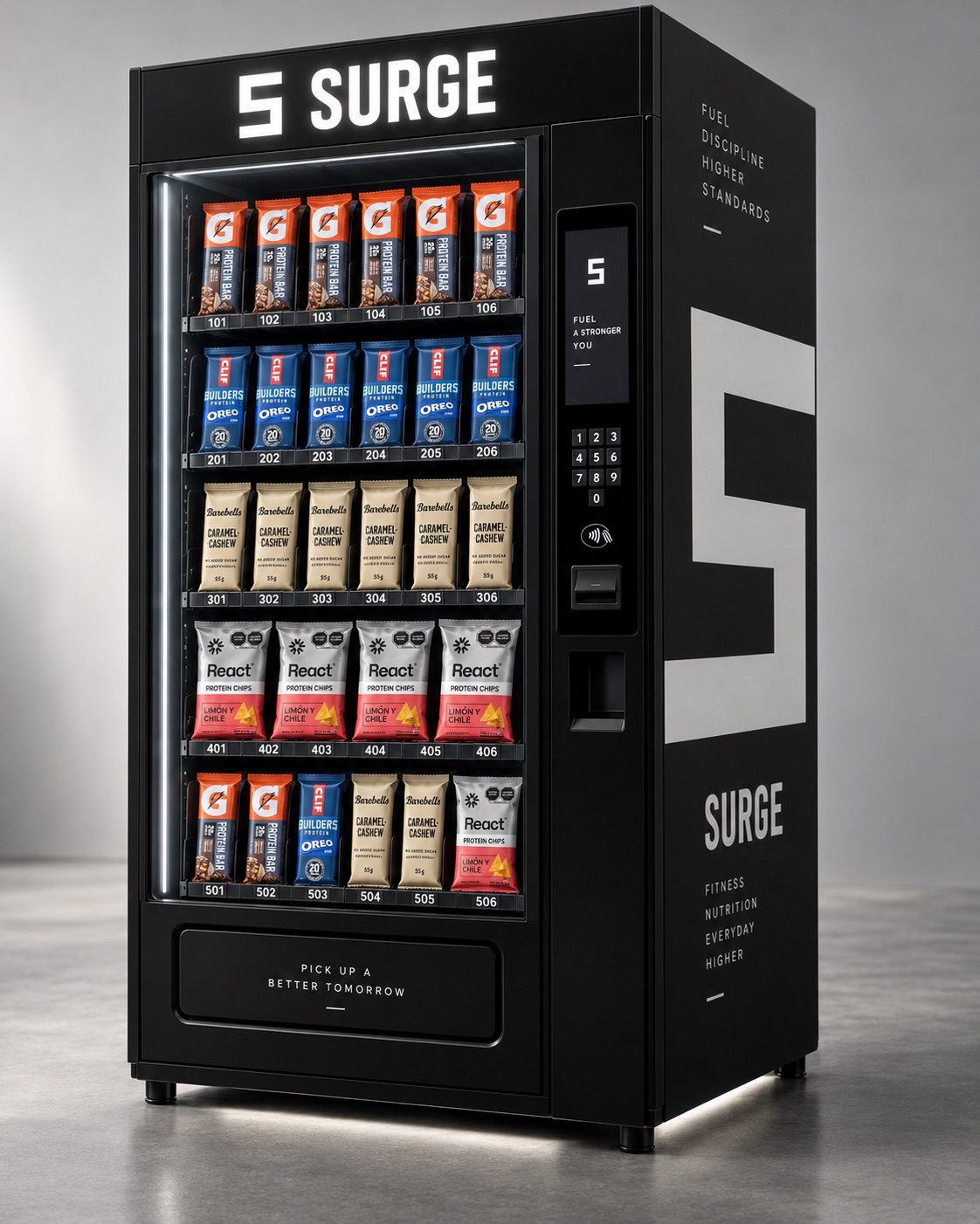 Concepto de vending machine SURGE, vista en ángulo